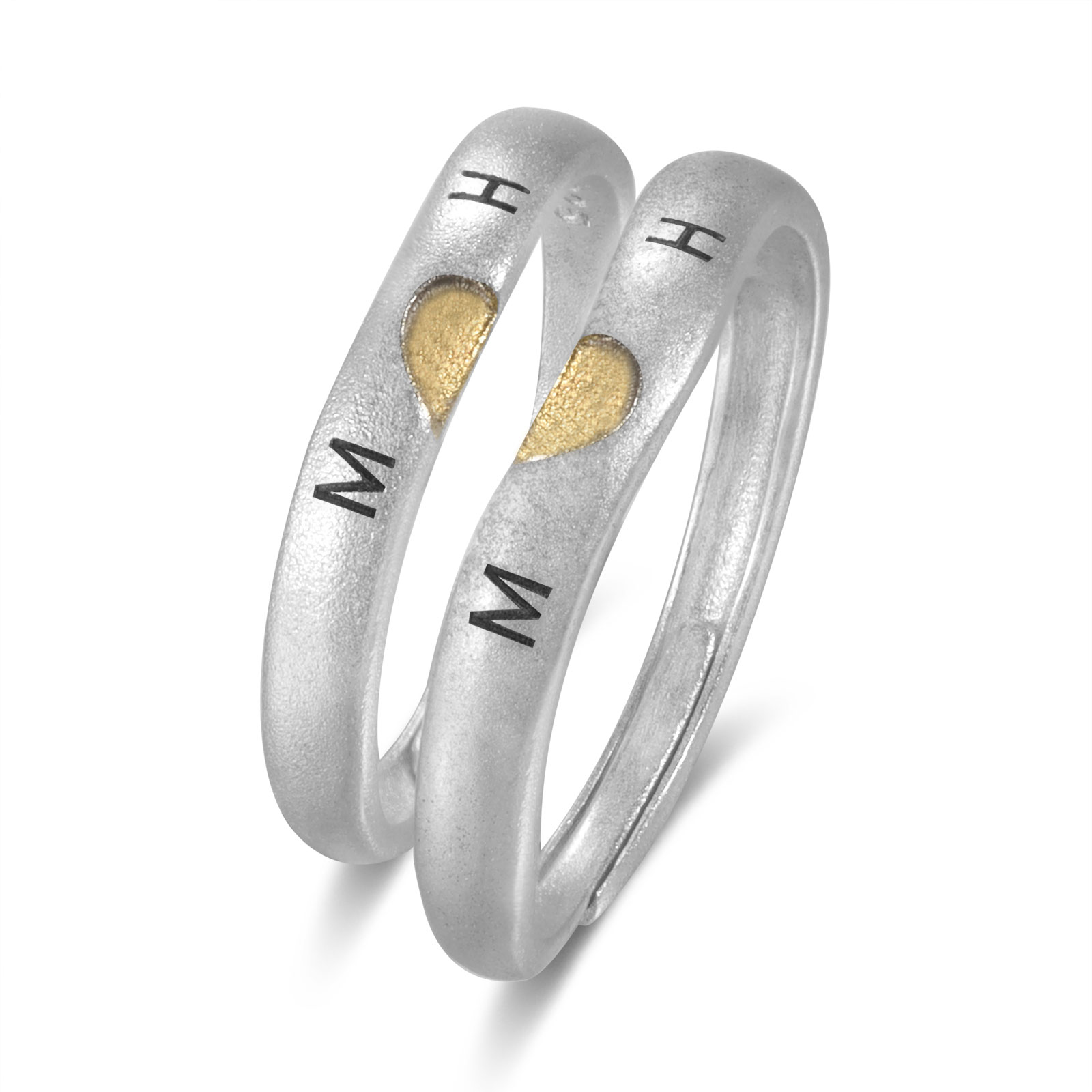 Anillos para Pareja de Corazón Plata 925 Personalizados de 2 Letras y Fecha Anillos Ajustables Alianza-Jessemade ES