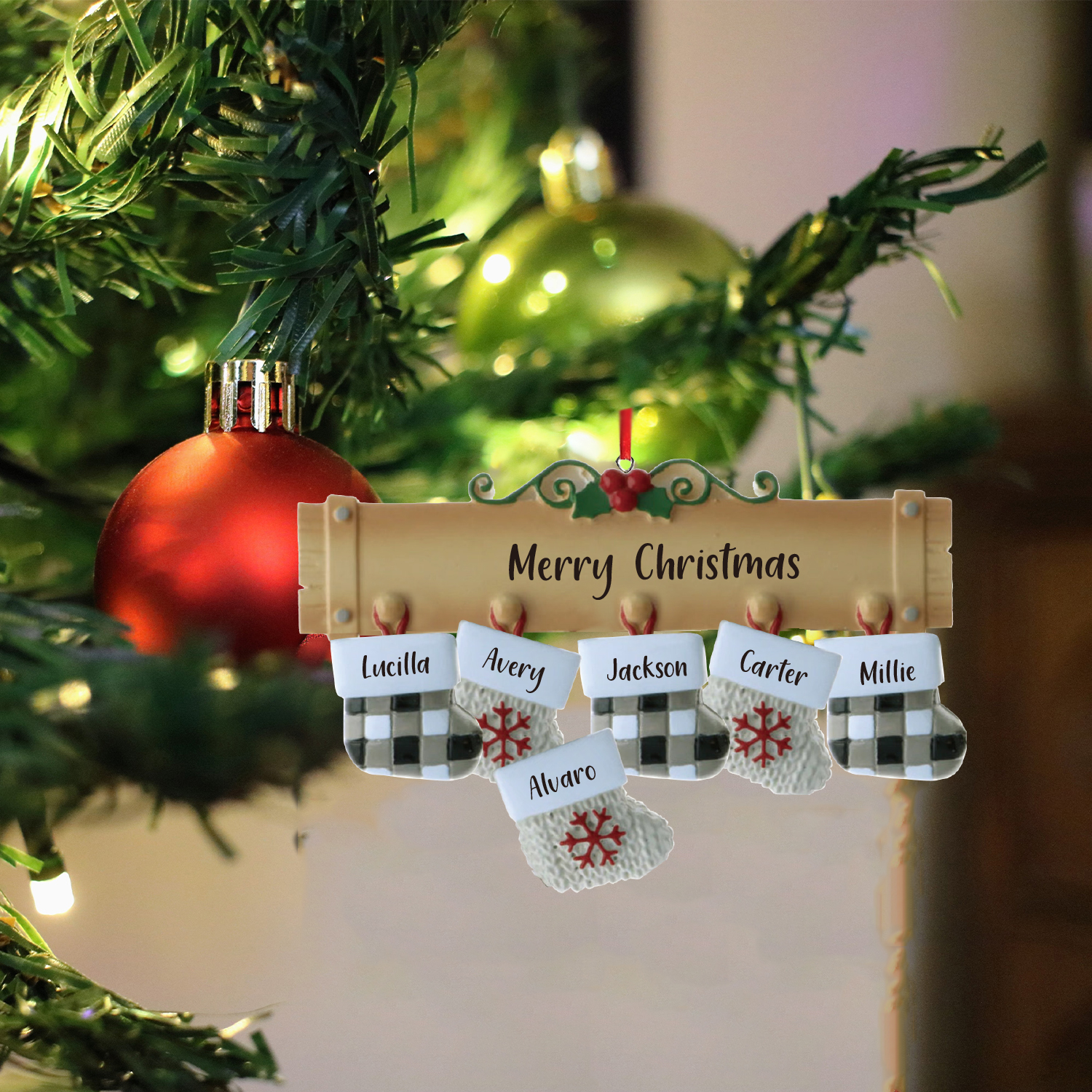 Navidad-Ornamento muñecos navideño de madera calcetines 6 nombres y 1 texto personalizados adorno del árbol-Jessemade ES