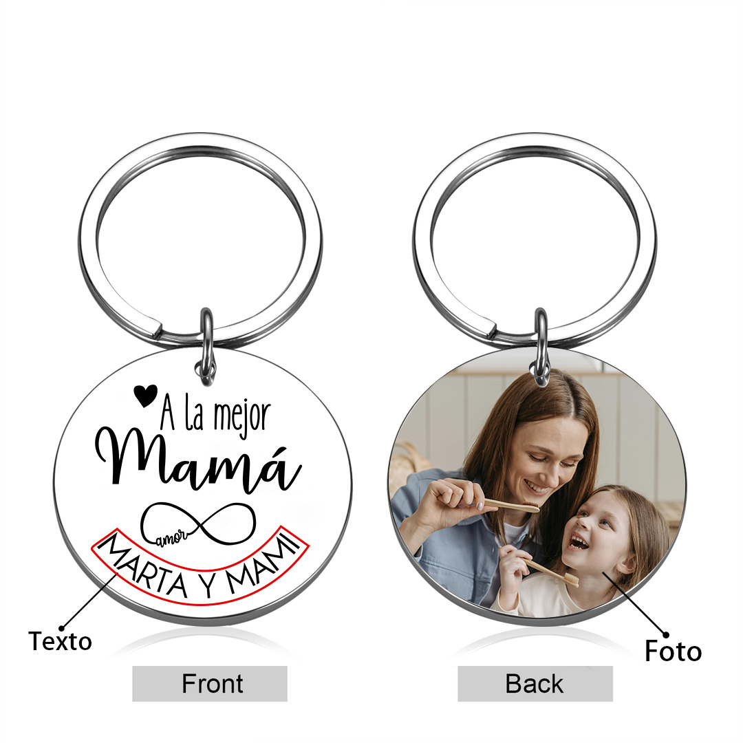 A mi mamá - Llavero de placa redonda "la mejor mamá" con 1 texto y foto personalizados-Jessemade ES