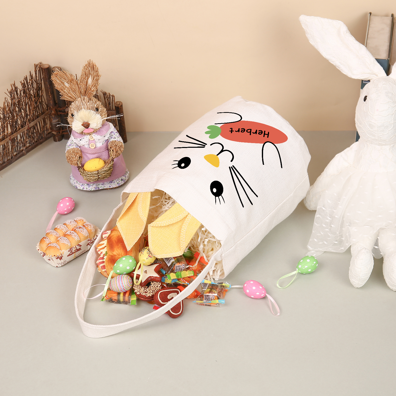 Pascua-Bolsa de conejo con 1 nombre personalizado-Jessemade ES