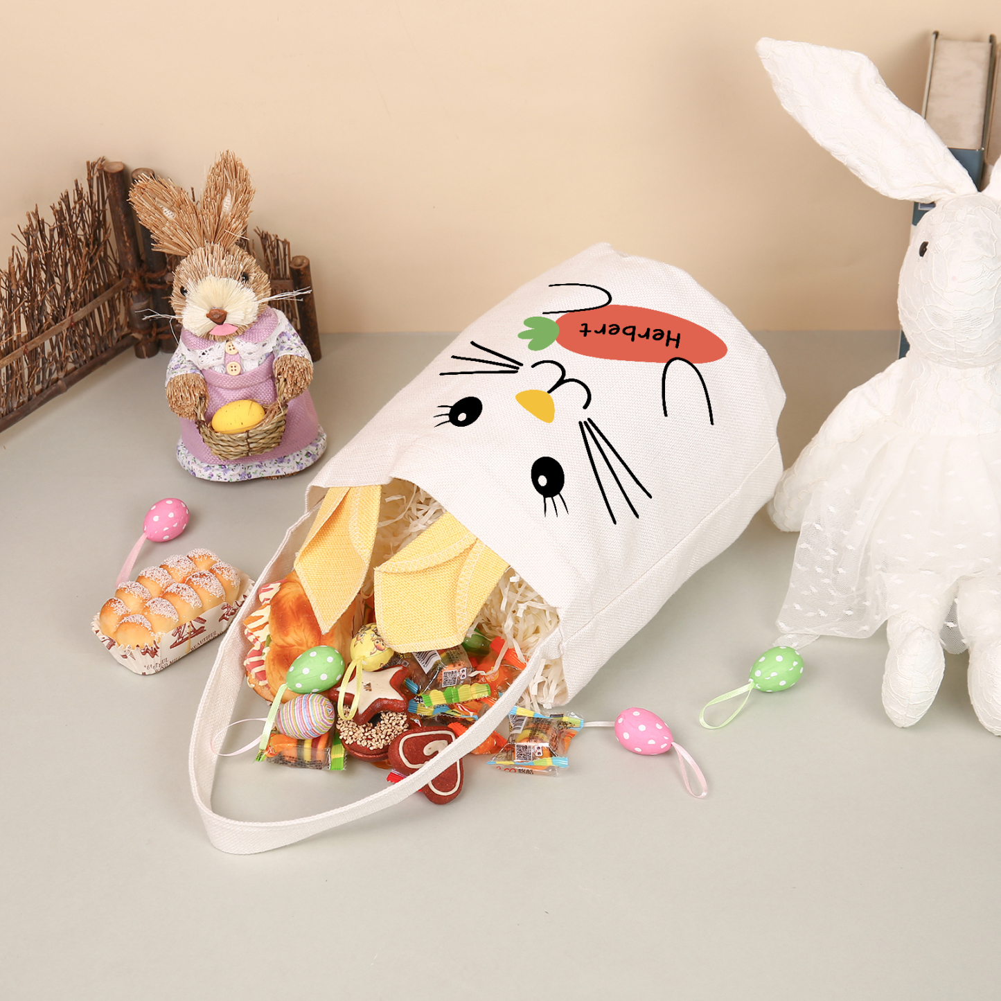 Pascua-Bolsa de conejo con 1 nombre personalizado-Jessemade ES