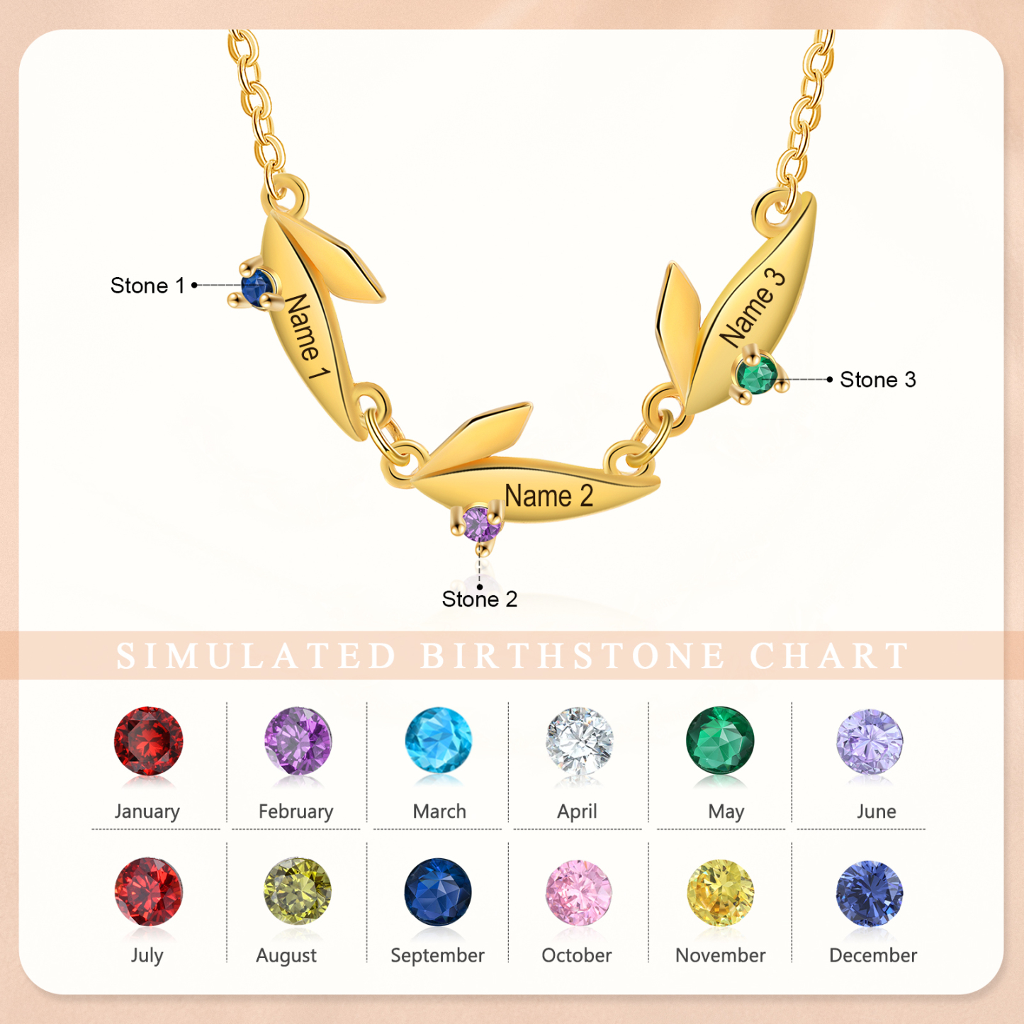 Collar con colgante de hojas con 2-6 nombres personalizados y 2-6 piedras de nacimiento-Jessemade ES