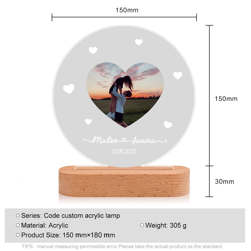 Lámpara para pareja 3D Ilusión Luz de Noche LED 2 nombres, fecha y foto personalizados -Jessemade ES