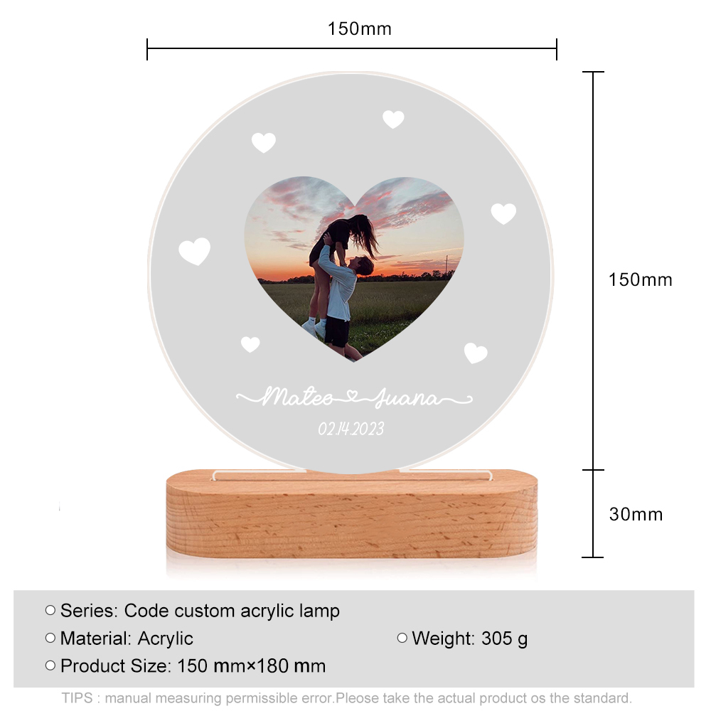 Lámpara para pareja 3D Ilusión Luz de Noche LED 2 nombres, fecha y foto personalizados -Jessemade ES
