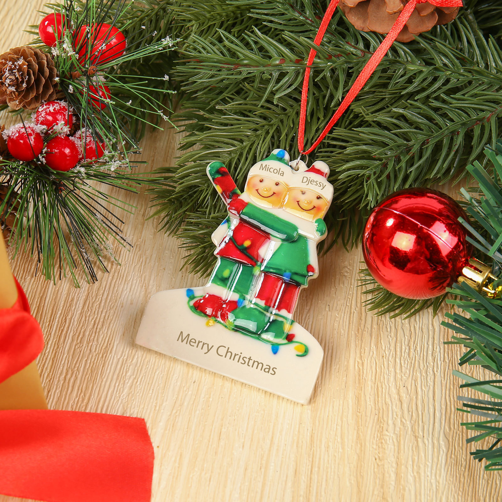 Navidad-Ornamento muñecos navideño de resina 1 texto y 2 nombres personalizados adorno del árbol