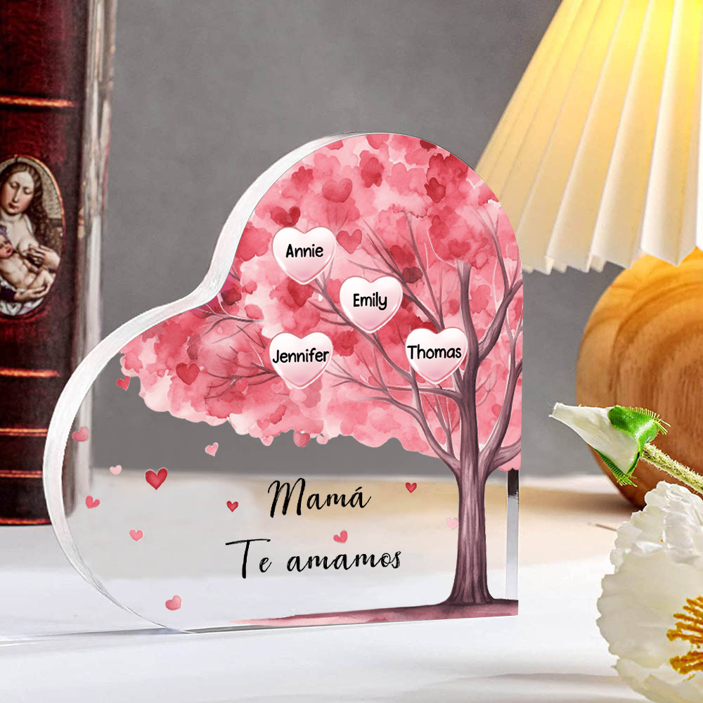 A mi mamá/abuela-Placa de acrílico "Árbol" en forma de corazón 4 nombres y 1 texto personalizados-Jessemade ES