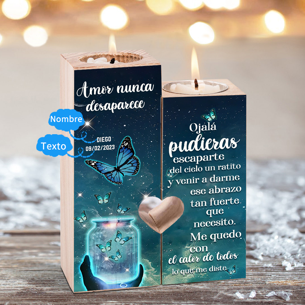 Candelero de dos piezas en memoria de ser querido de madera nombre y año personalizados sin vela-Jessemade ES