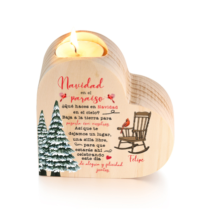 Navidad en el paraíso-Candelero de corazón en memoria de ser querido personalizado con nombre de madera sin vela-Jessemade ES