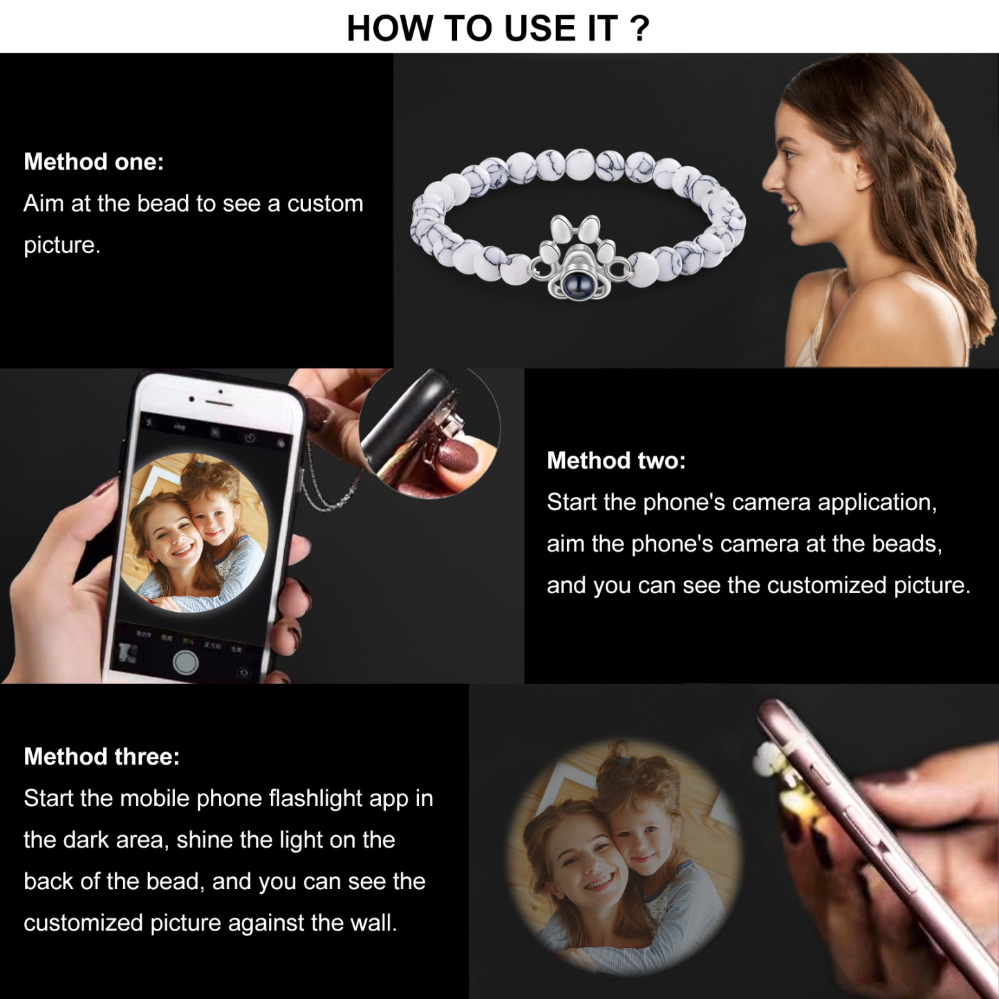 Pulsera de turquesa sintética con proyección de foto en color con dije de pata-Jessemade ES