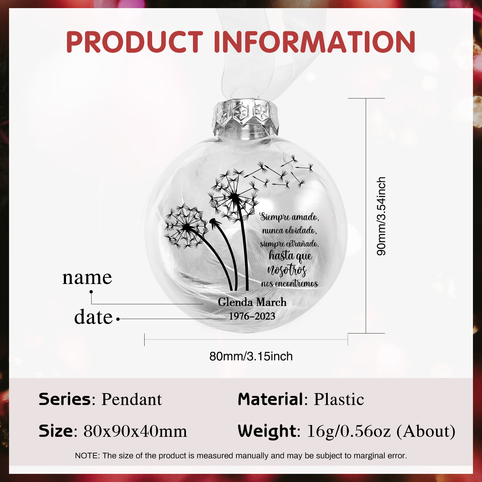 Bola navideña conmemorativa Adorno de Navidad 1 nombre y años personalizados con pluma -Jessemade ES