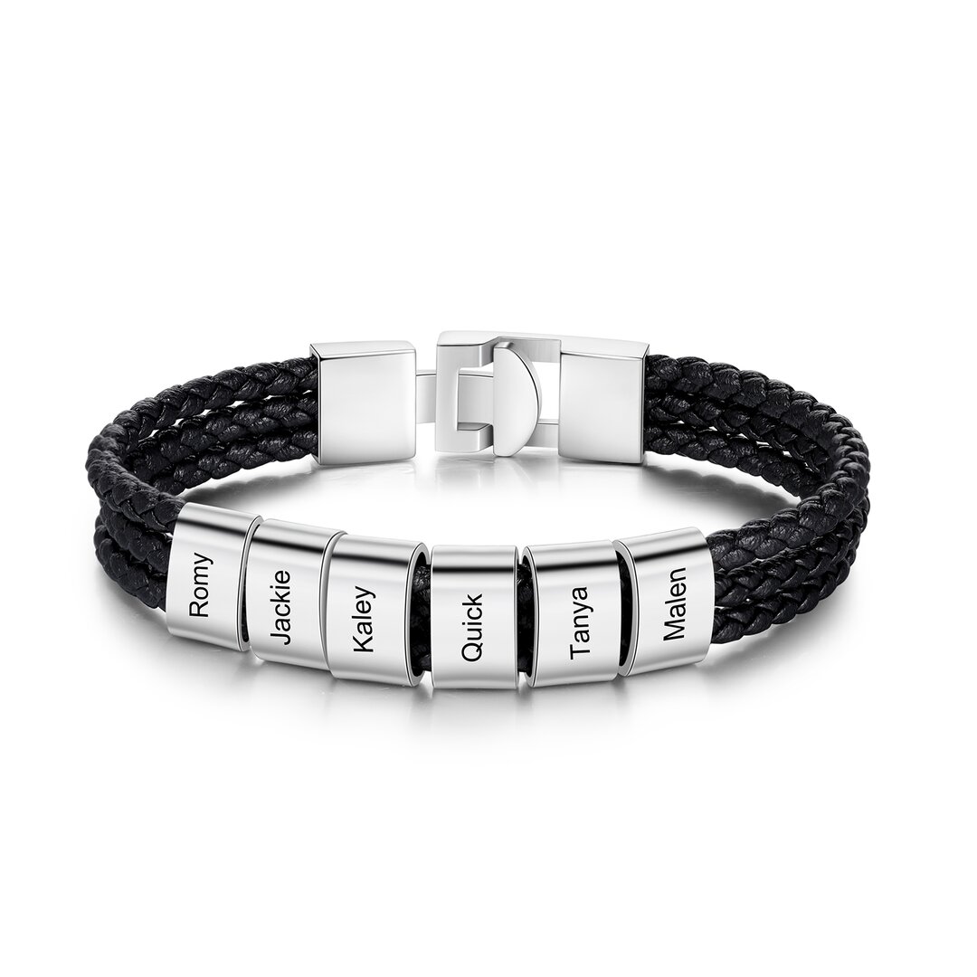 Pulsera de tres cueros trenzados 6 aros con 6 nombres personalizados pulsera de hombre-Jessemade ES