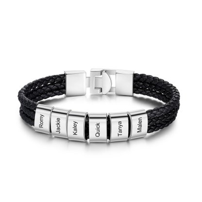 Pulsera de tres cueros trenzados 6 aros con 6 nombres personalizados pulsera de hombre-Jessemade ES