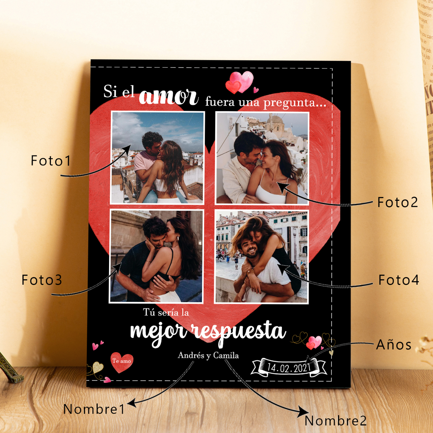 Lámina marco de madera para pareja 2 nombres personalizados con fecha y 4 fotos-Jessemade ES