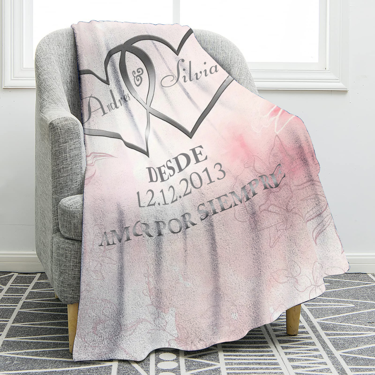Pareja-Manta de buen calidad de corazones conectados personalizada con nombres, texto y fecha 4 colores-Jessemade ES