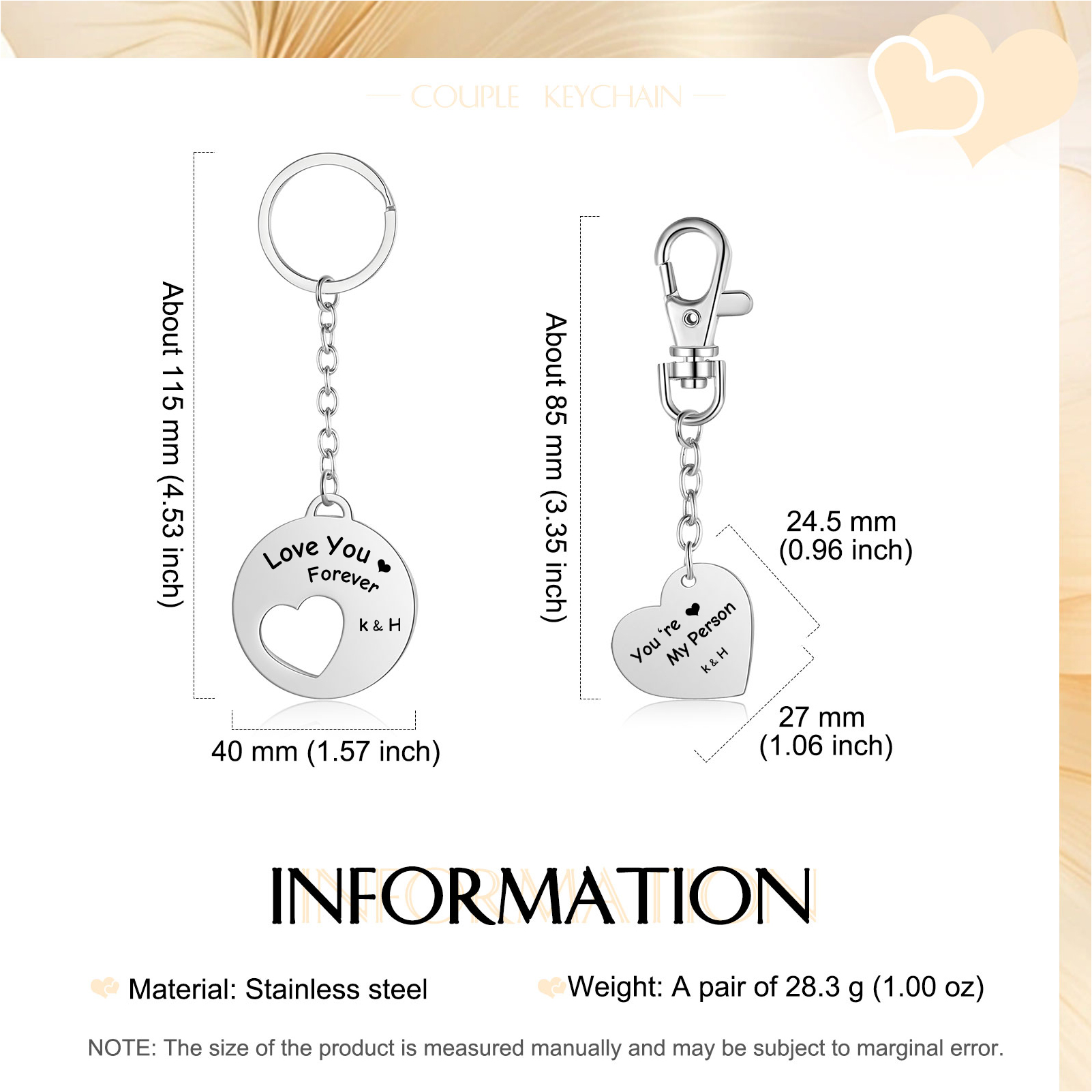 Llavero para pareja placa y corazón personalizado con 2 letras y 2 textos-Jessemade ES