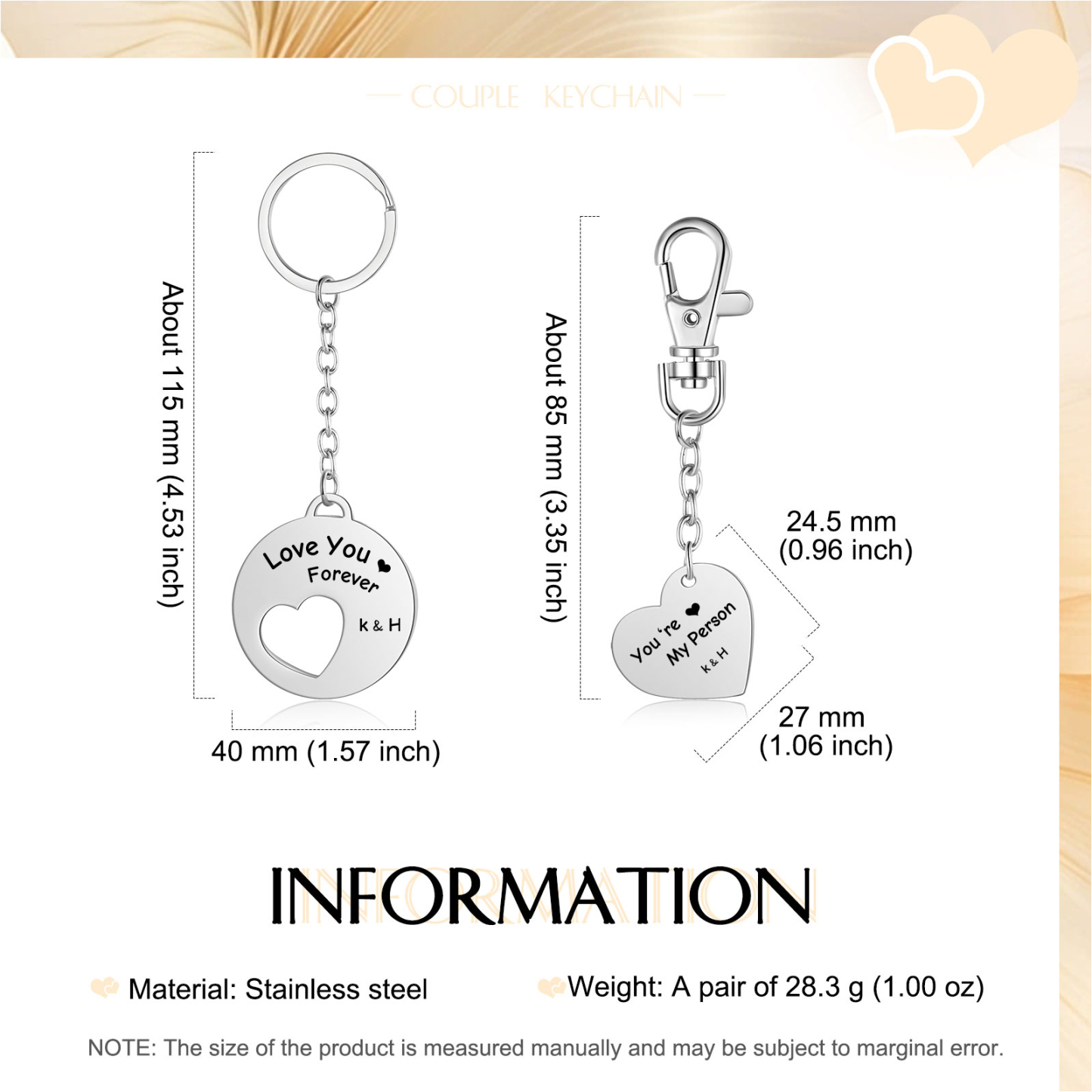 Llavero para pareja placa y corazón personalizado con 2 letras y 2 textos-Jessemade ES