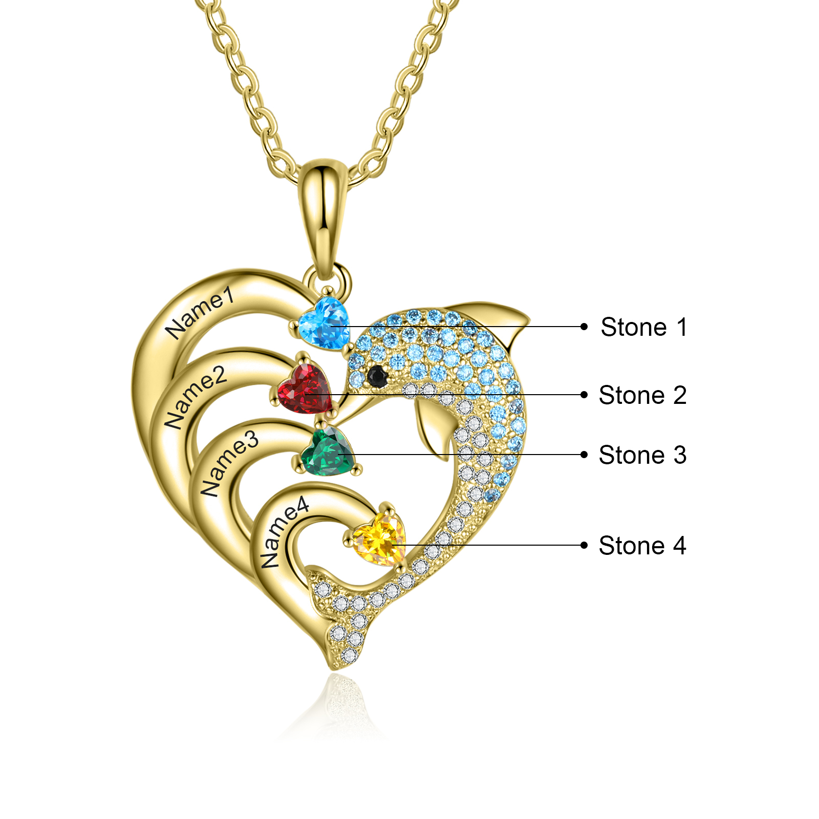 Collar para mujer en corazón delfín 4 nombres y 4 piedras de nacimiento personalizados