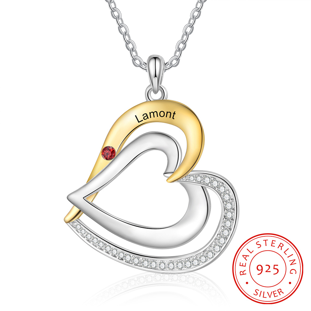 Collar de corazón de plata 925 con 1 nombre y piedra de nacimiento personalizado-Jessemade ES