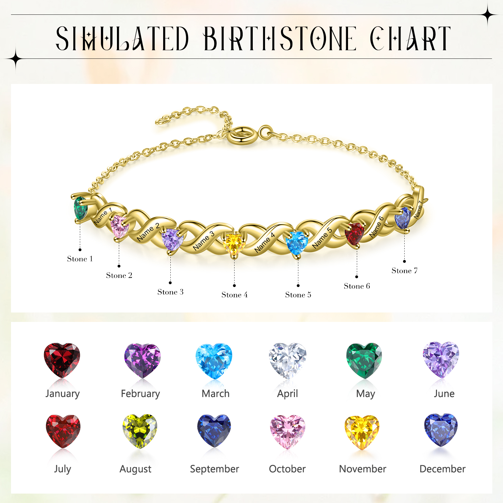 Pulsera infinito personalizada con 7 nombres y 7 piedras de nacimiento de corazón -Jessemade ES
