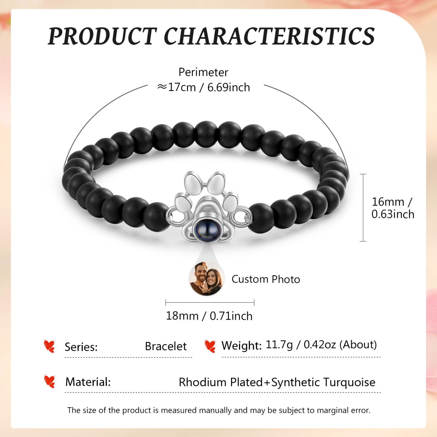 Pulsera de turquesa sintética con proyección de foto en color con dije de pata-Jessemade ES