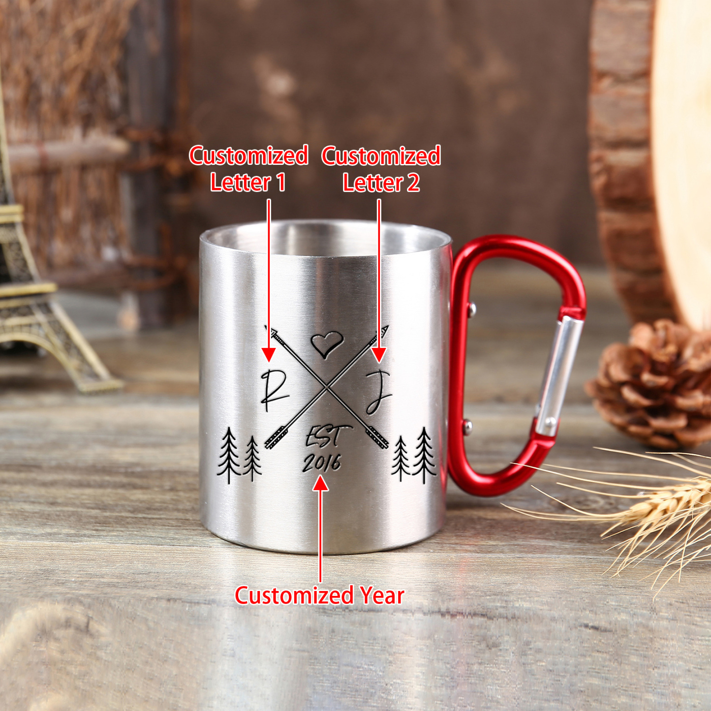 Taza de acero inoxidable actividad al aire libre para pareja 2 letras personalizadas y año-Jessemade ES