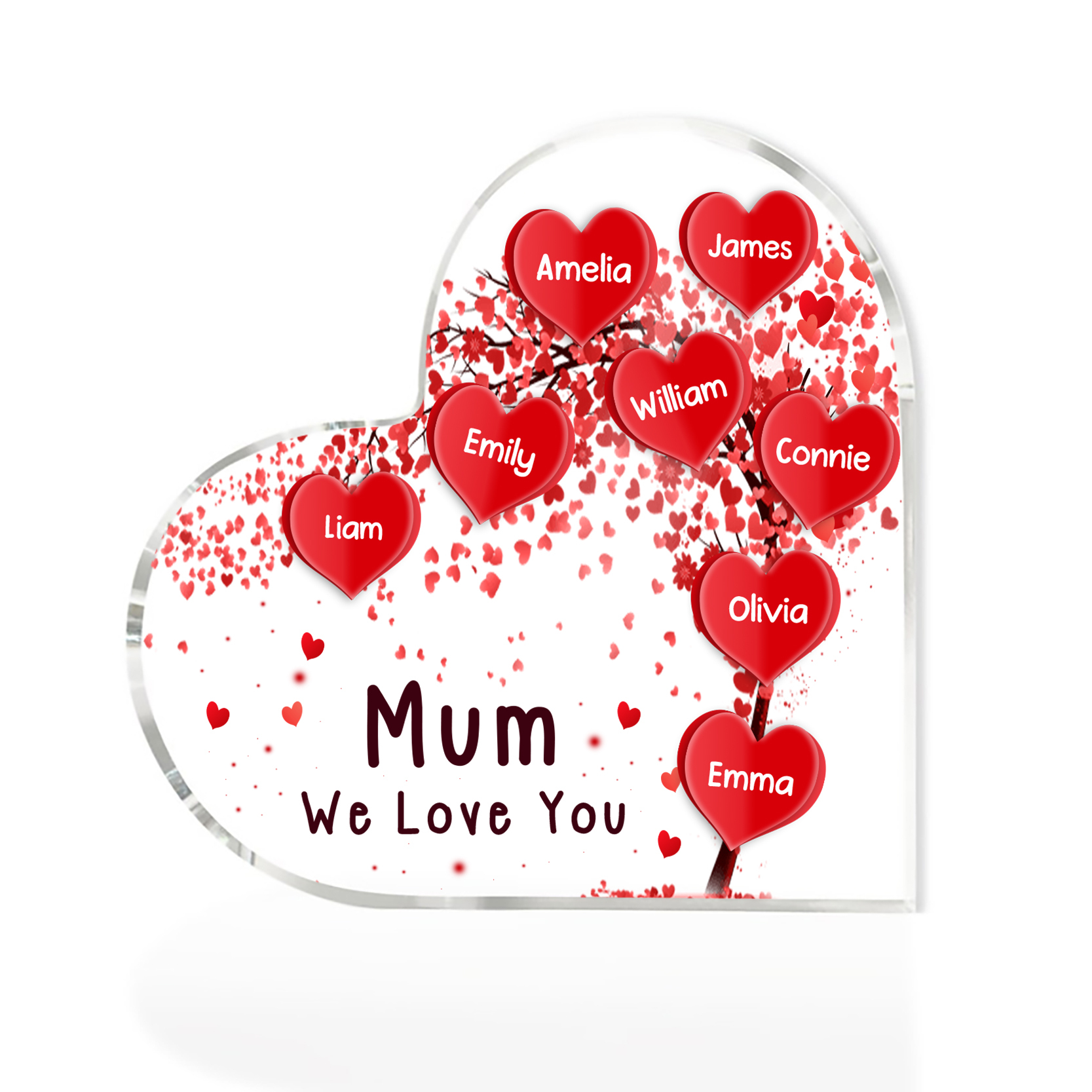 A mi mamá/abuela-Placa de acrílico "Corazones" en forma de corazón 8 nombres y 1 texto personalizados-Jessemade ES