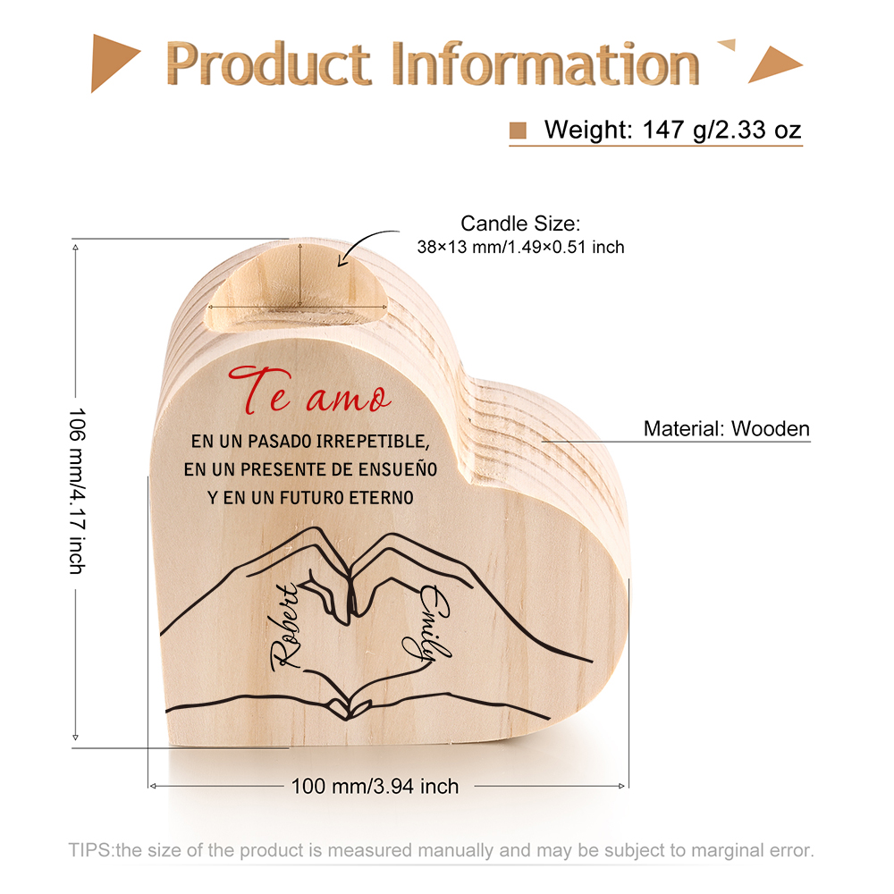 Candelero de madera posando corazón con manos para pareja sin vela personalizado con 2 nombres-Jessemade ES