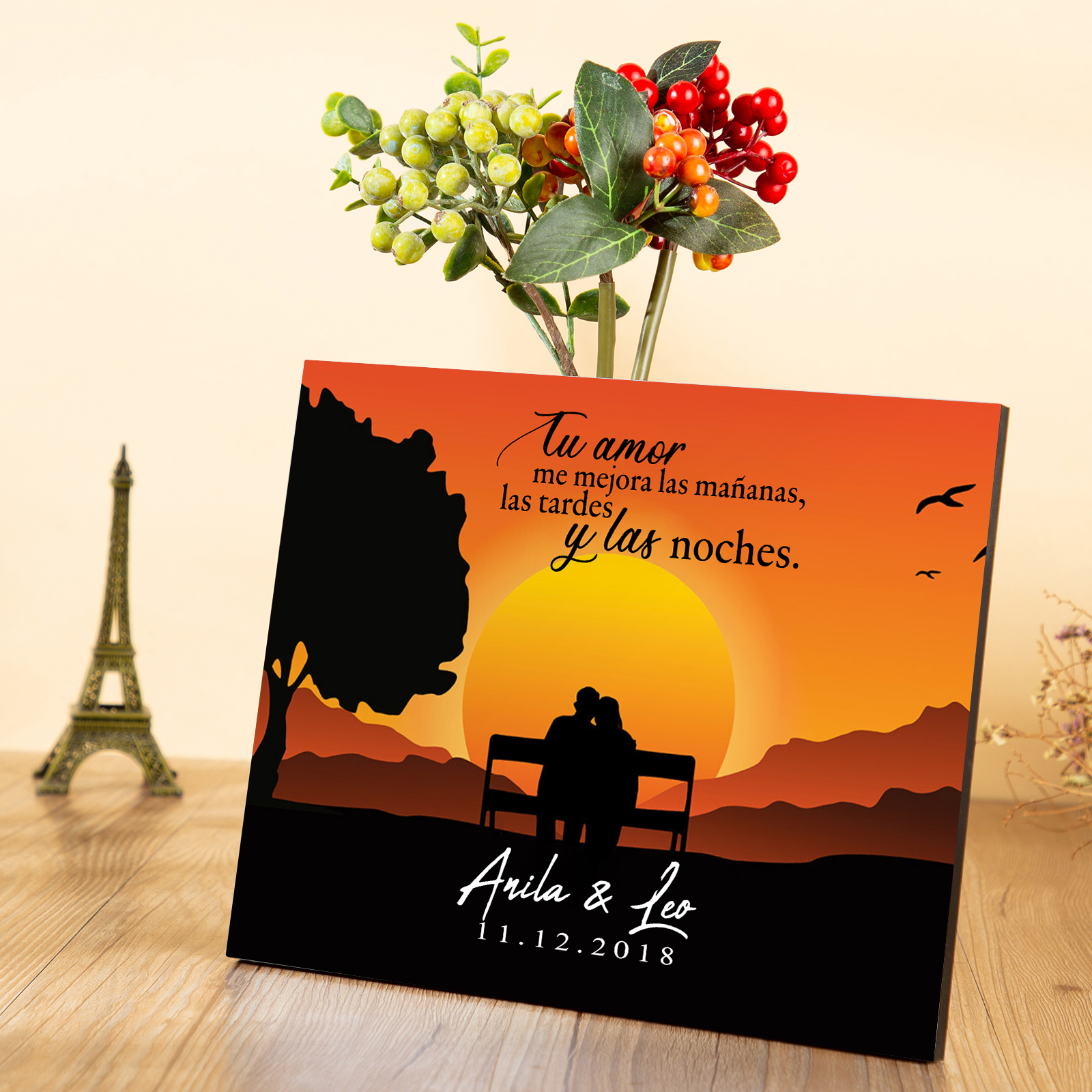 Lámina ocaso marco de madera para pareja personalizado con 2 nombres y fecha-Jessemade ES