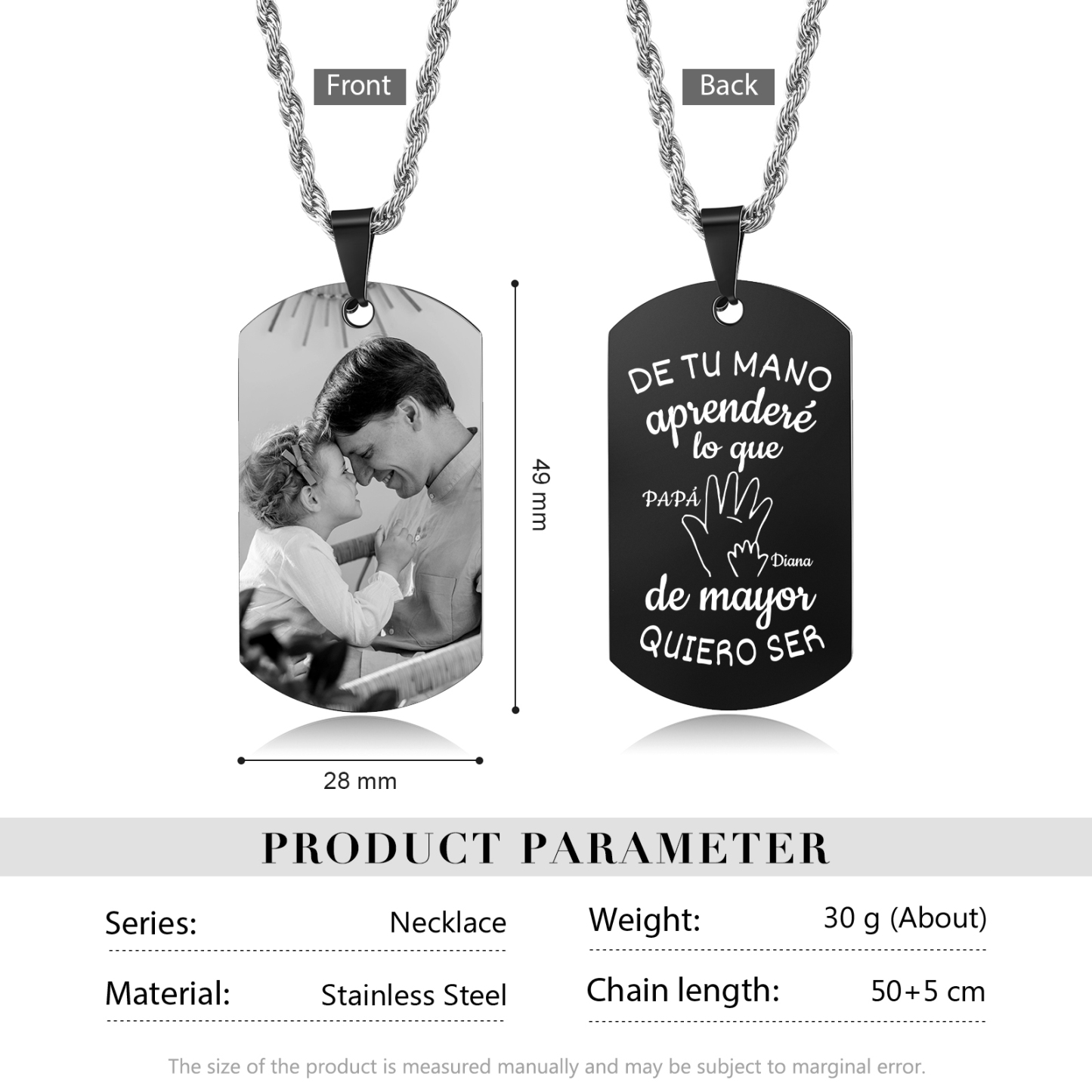 A MI PAPÁ-Collar "mano y manito" de placa personalizada con 2 nombres y foto-Jessemade ES