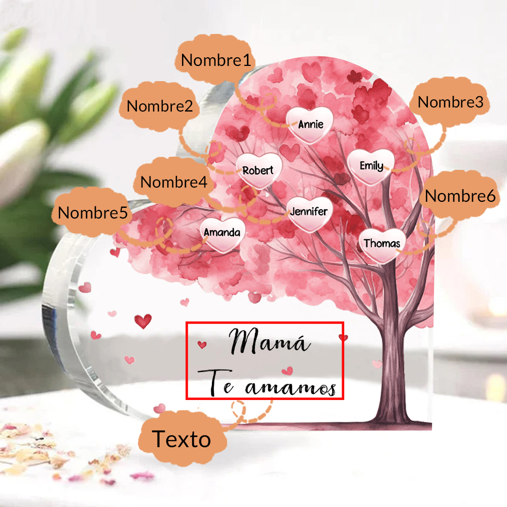 A mi mamá/abuela-Placa de acrílico "Árbol" en forma de corazón 6 nombres y 1 texto personalizados-Jessemade ES
