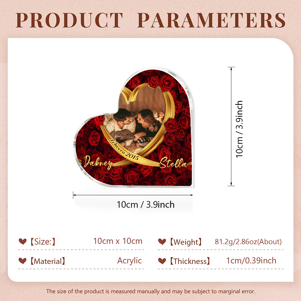 Placa de acrílico en forma de corazón con fecha, 2 nombres y foto personalizados-Jessemade ES