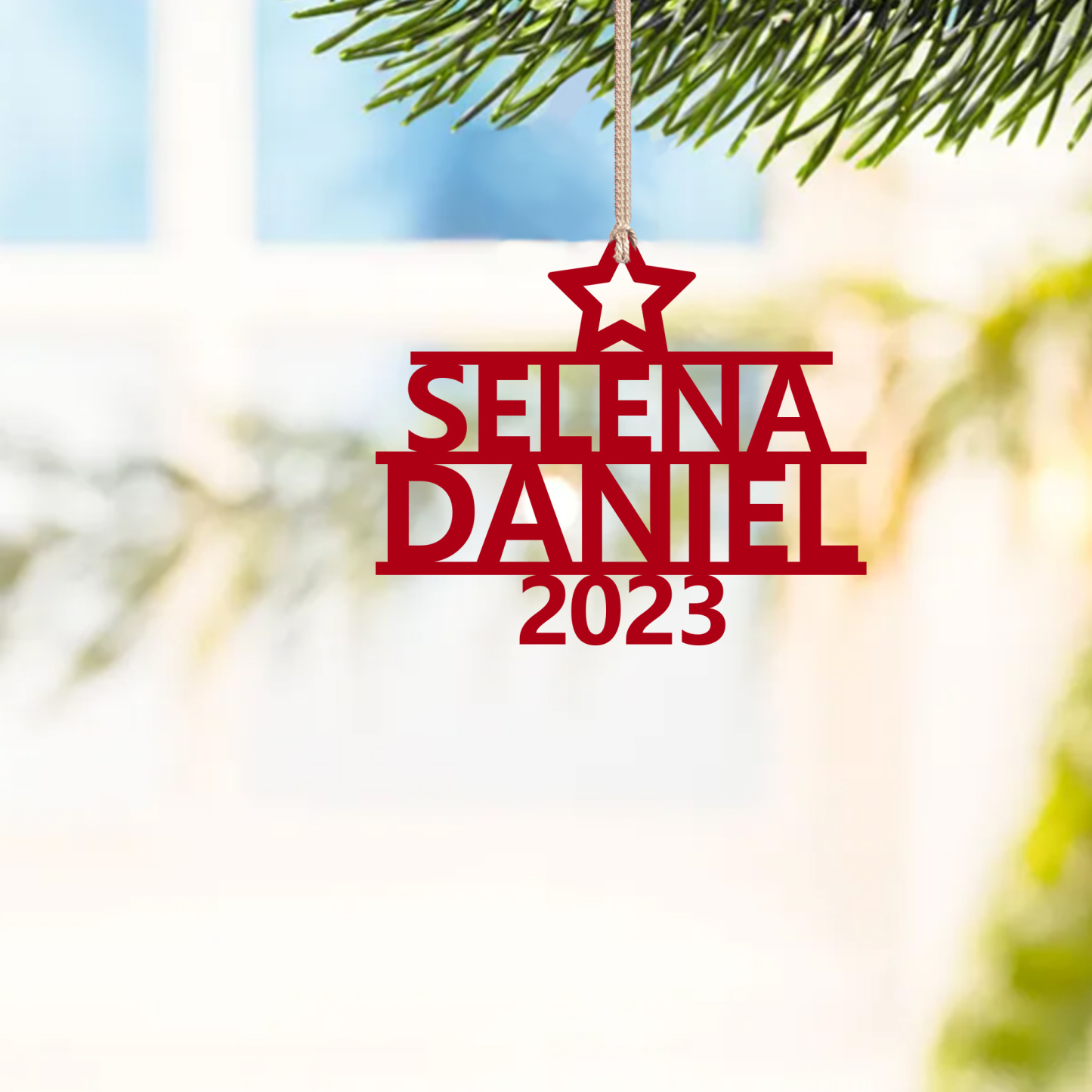 Navidad-Ornamento navideño de madera árbol de nombres con 2 nombres y año personalizados