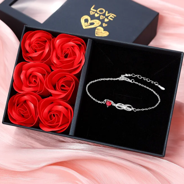 Pulsera "infinito" personalizada con 1 nombre y 1 piedra de nacimiento de corazón-Jessemade ES
