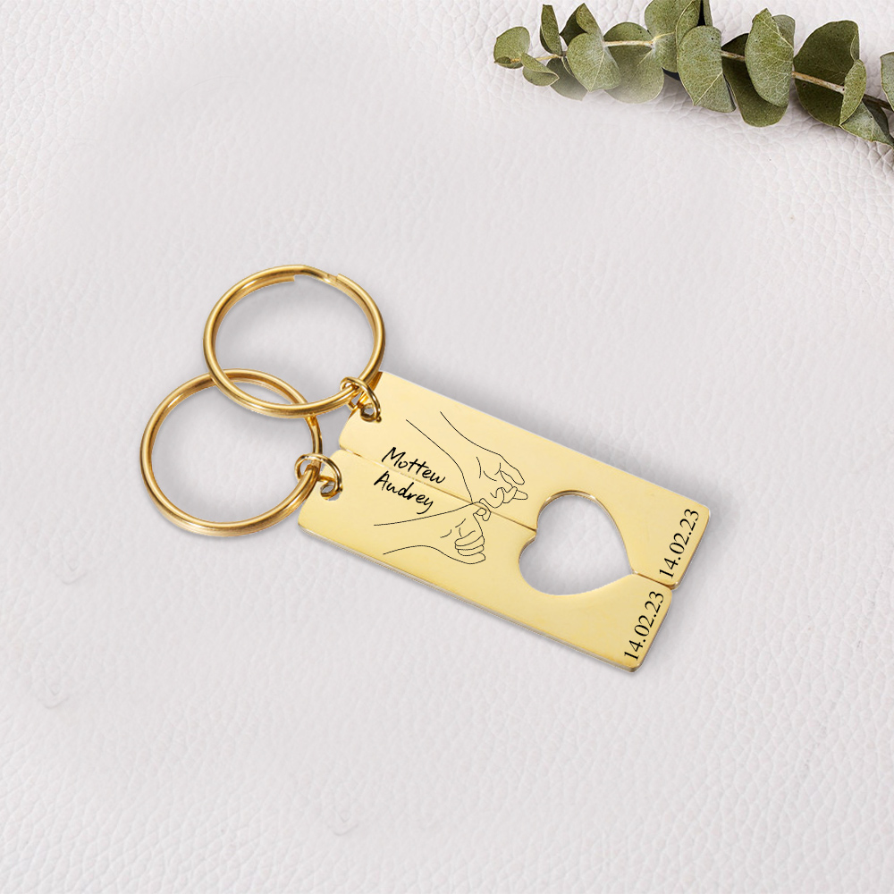 Llavero con corazón encajado para pareja pinky swear 2 nombres personalizados con fecha-Jessemade ES