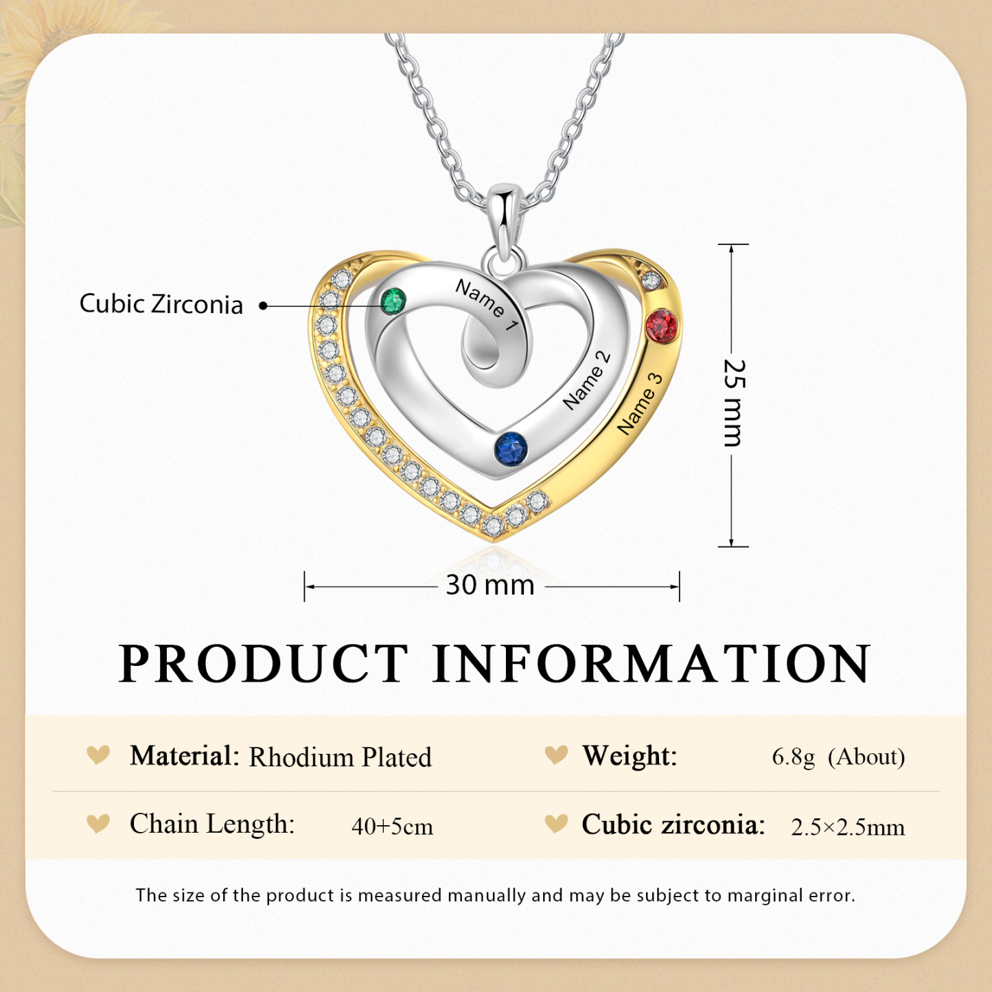 Collar de corazón con 3 nombres y piedras de nacimiento personalizados-Jessemade ES