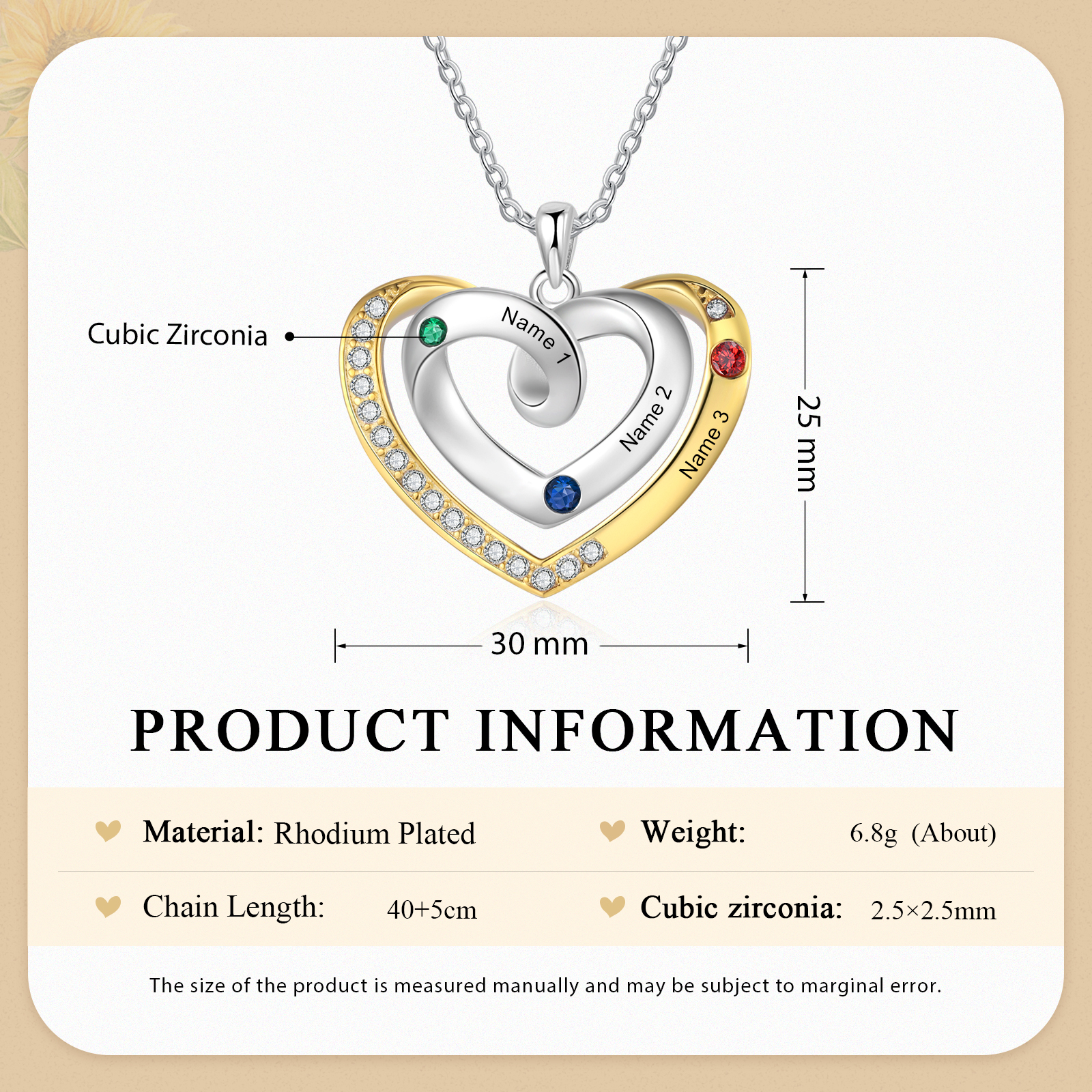Collar de corazón con 3 nombres y piedras de nacimiento personalizados-Jessemade ES