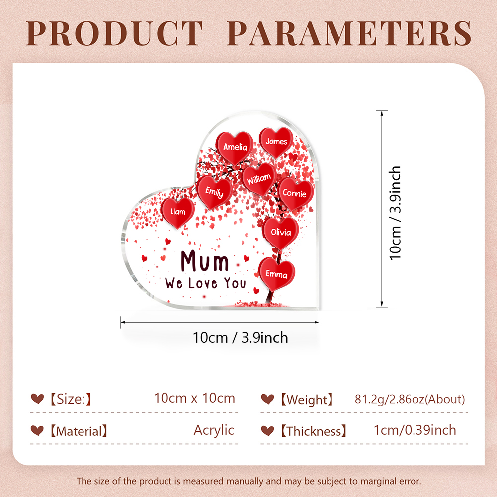 A mi mamá/abuela-Placa de acrílico "Corazones" en forma de corazón 8 nombres y 1 texto personalizados-Jessemade ES