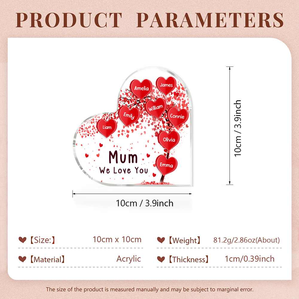 A mi mamá/abuela-Placa de acrílico "Corazones" en forma de corazón 8 nombres y 1 texto personalizados-Jessemade ES