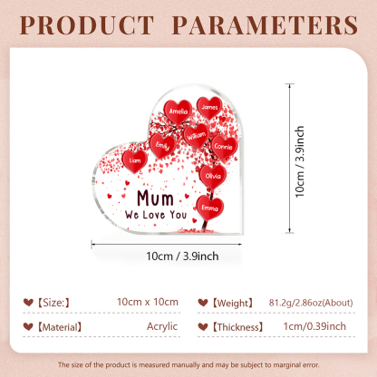 A mi mamá/abuela-Placa de acrílico "Corazones" en forma de corazón 8 nombres y 1 texto personalizados-Jessemade ES