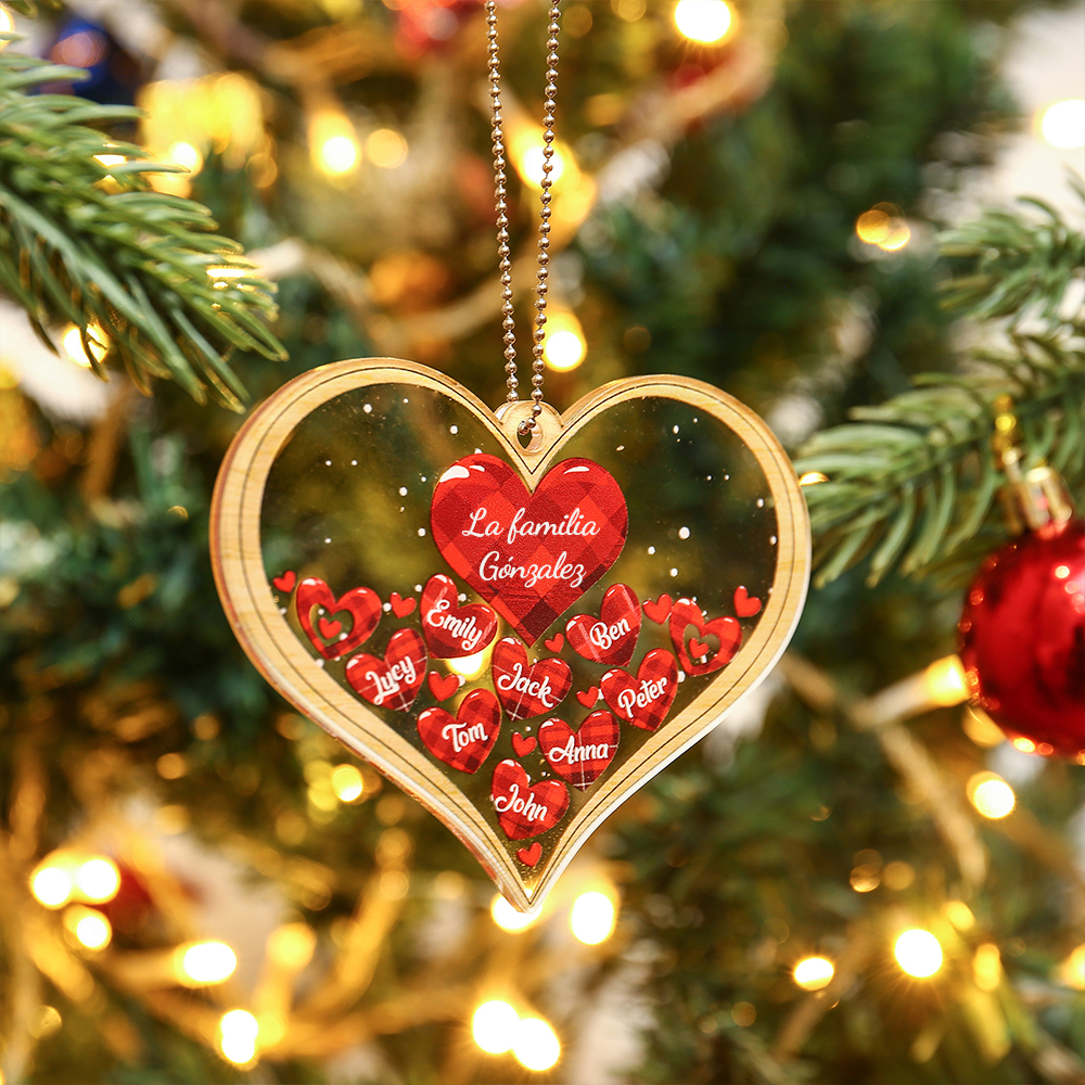 Navidad-Ornamento navideño de acrílico corazones con 8 nombres y 1 texto personalizados