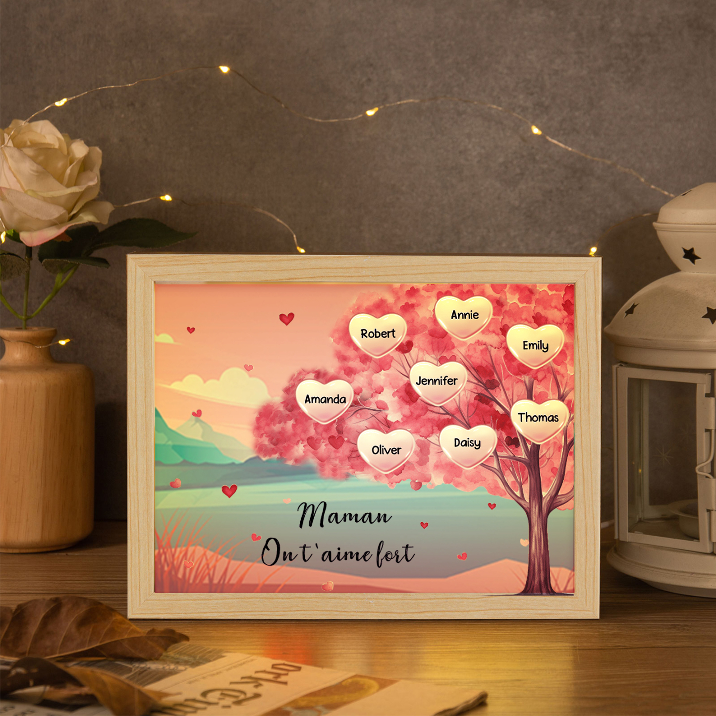 Marco con LED Árbol de la Vida 1-10 Nombres Personalizados con 1 Texto-Jessemade ES