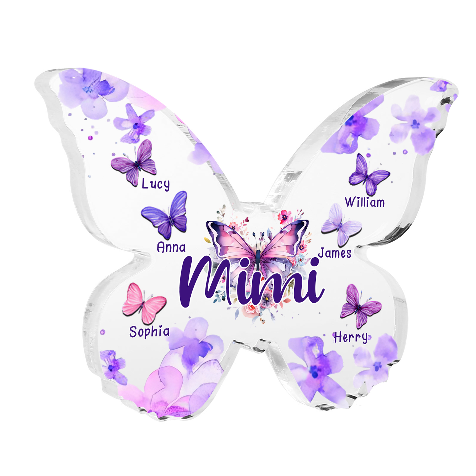 A mi mamá/abuela-Placa de acrílico "Mariposas" en forma de mariposa 6 nombres y 1 texto personalizados-Jessemade ES