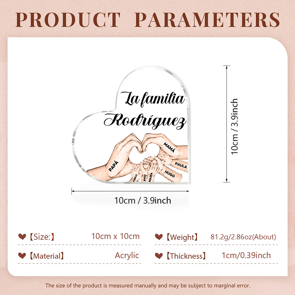 Placa de acrílico en forma de corazón mano a mano con 1 texto y 7 nombres personalizados-Jessemade ES