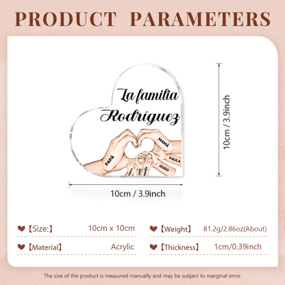 Placa de acrílico en forma de corazón mano a mano con 1 texto y 7 nombres personalizados-Jessemade ES