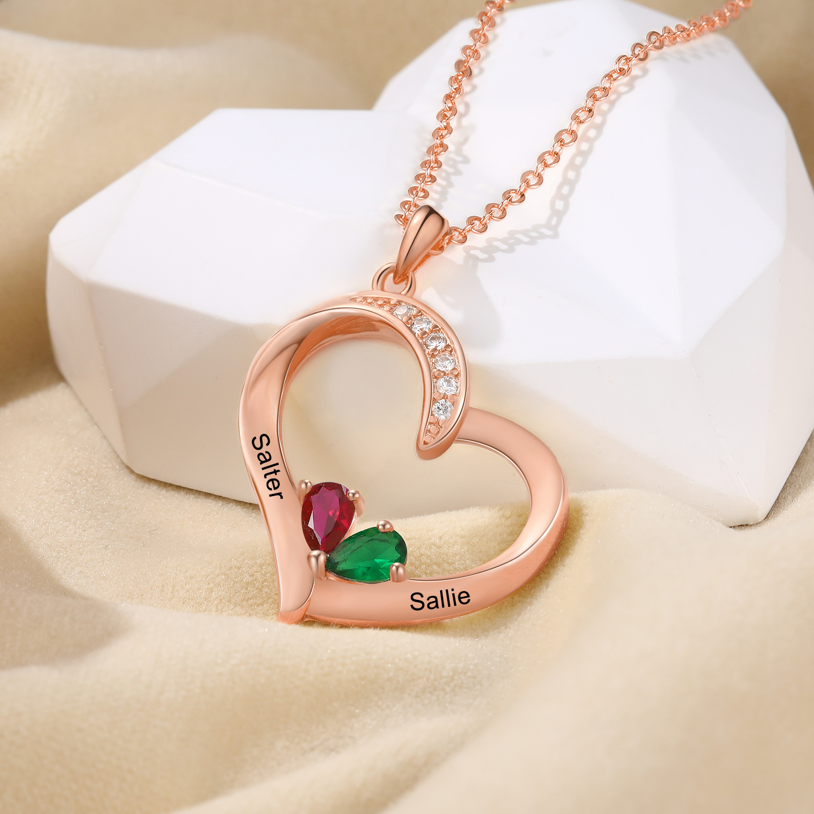 Collar corazón con 1-6 nombres personalizados y 1-6 piedras de nacimiento-Jessemade ES
