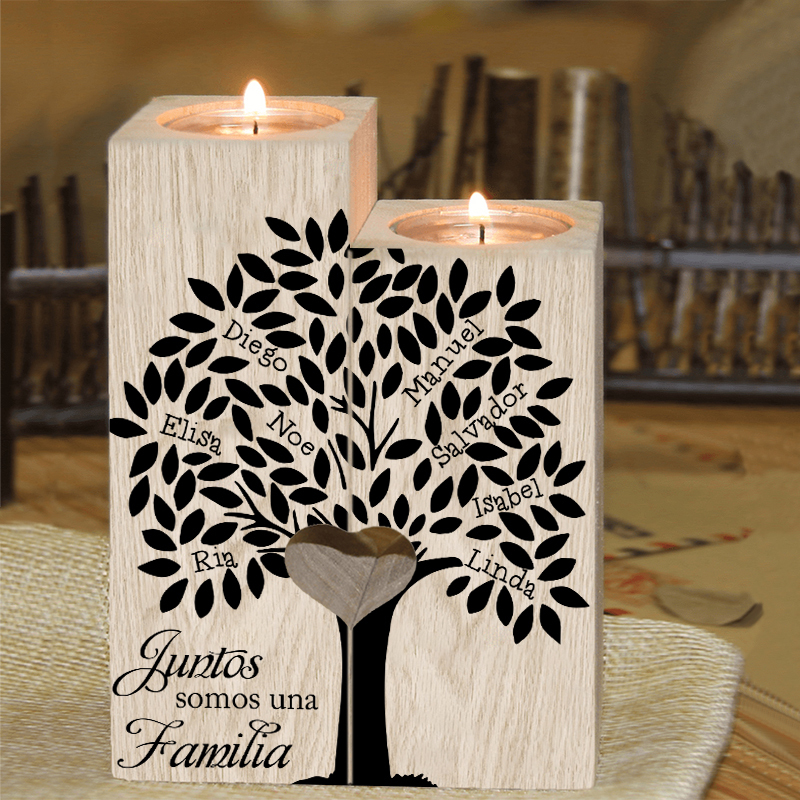 A la familia-Candelero de árbol de la vida de madera personalizado con 2-10 nombres y 1 texto sin vela-Jessemade ES