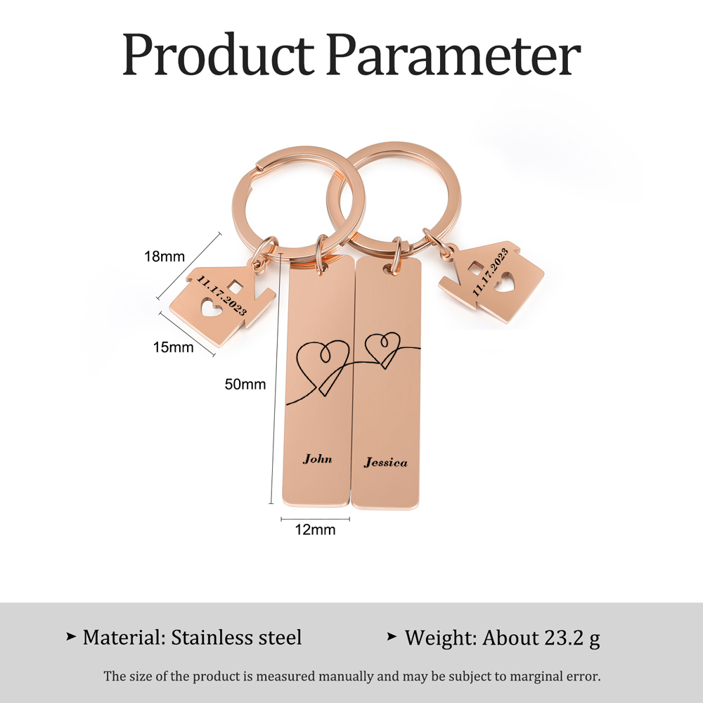 Llavero para pareja corazones conectados 2 nombres personalizados con fecha dije de casa-Jessemade ES