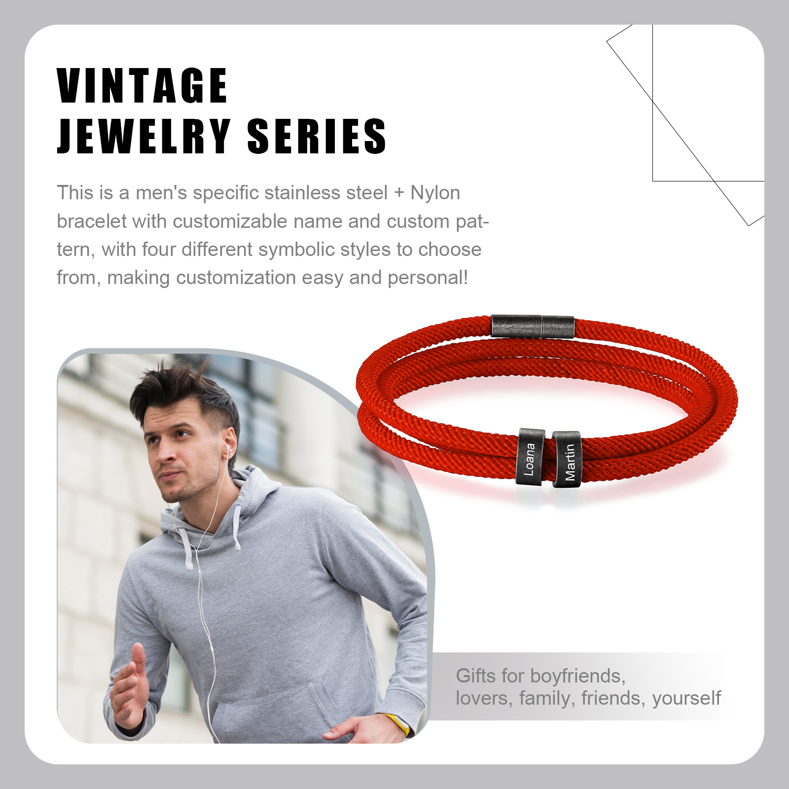 Pulsera de triple cuerda hilo rojo con 2 aros 2 nombres personalizados pulsera de hombre -Jessemade ES