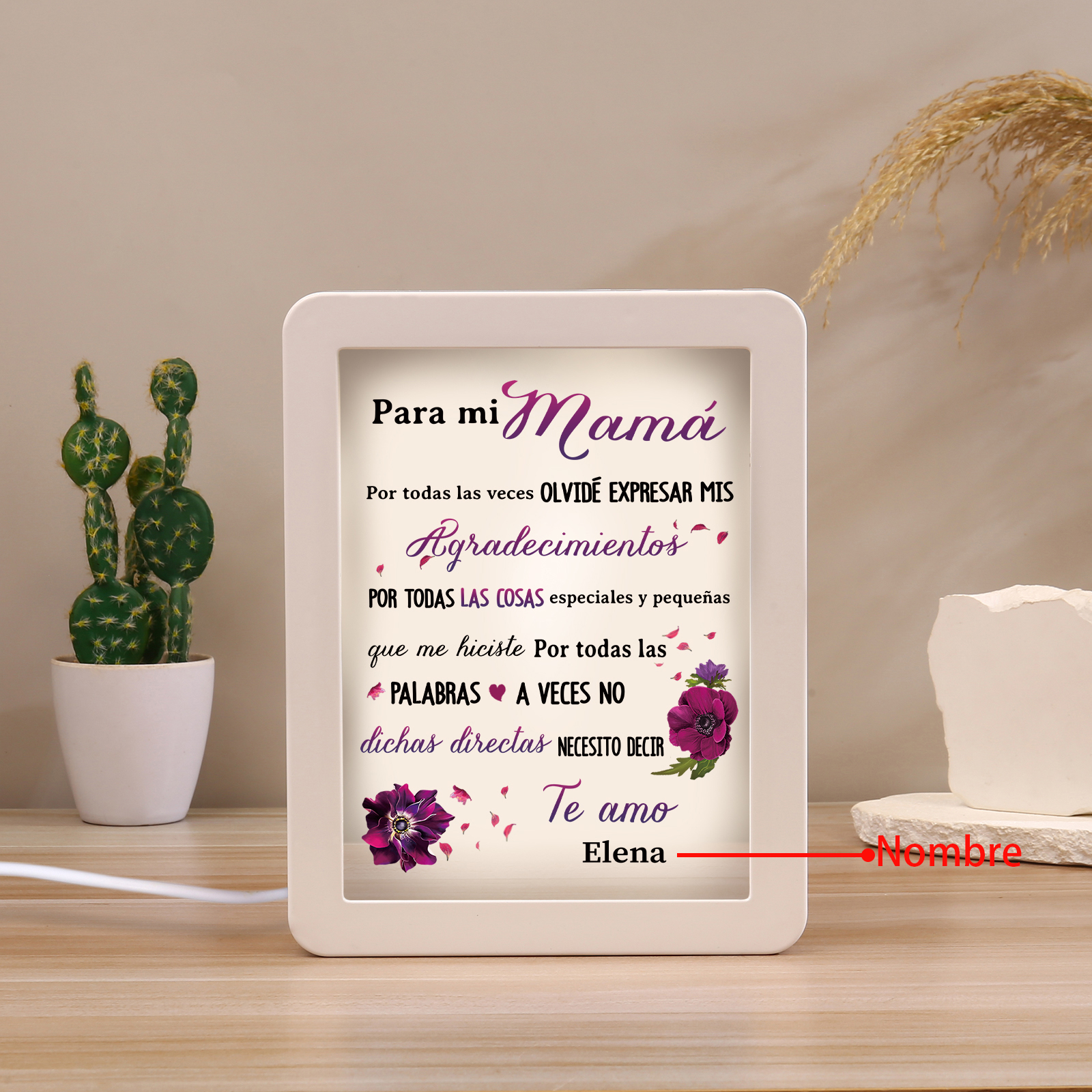 A mi mamá-Marco/Espejo con LED Multifuncional con Texto Amoroso 1 Nombre Personalizado-Jessemade ES