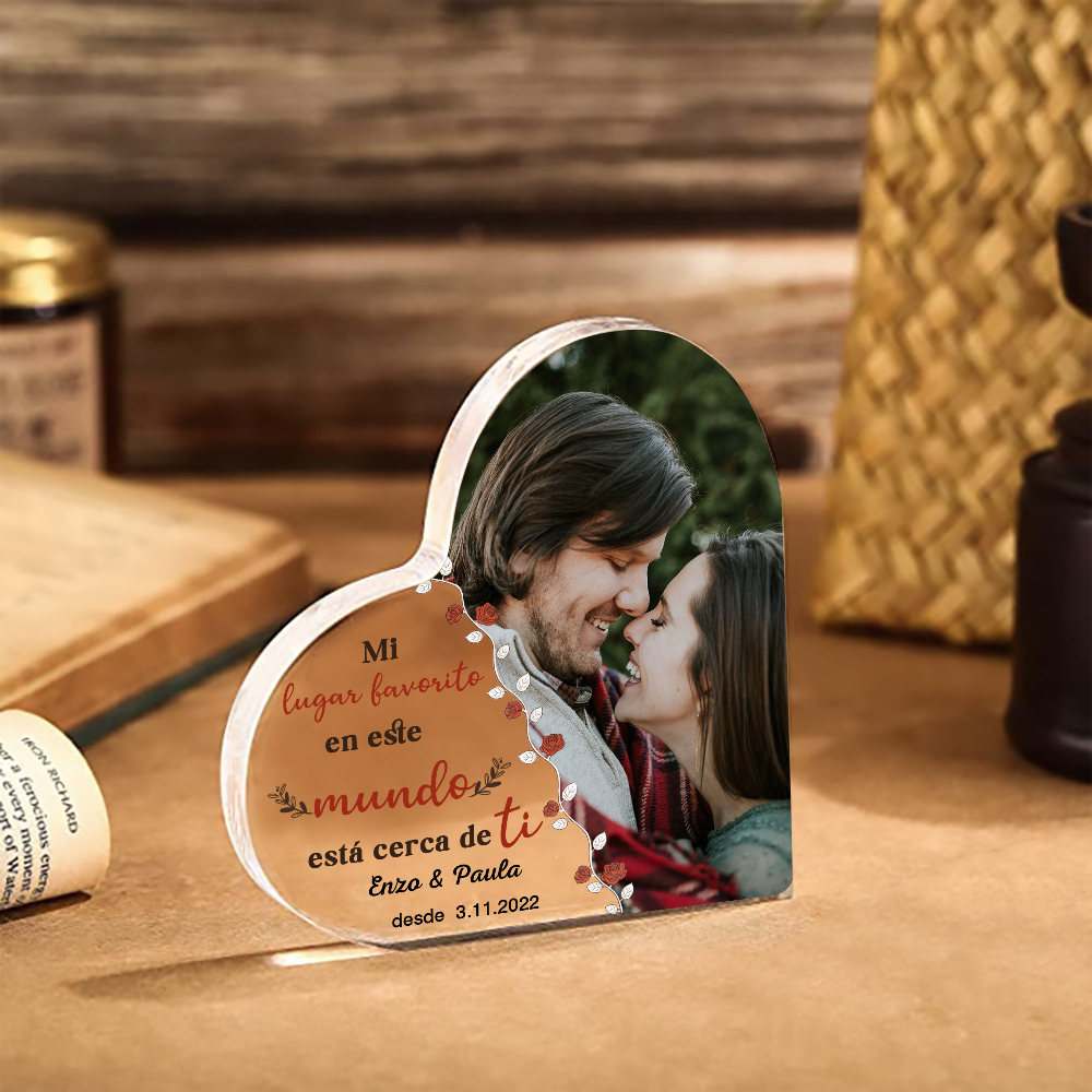 Placa de acrílico en forma de corazón con foto y 2 textos personalizados-Jessemade ES